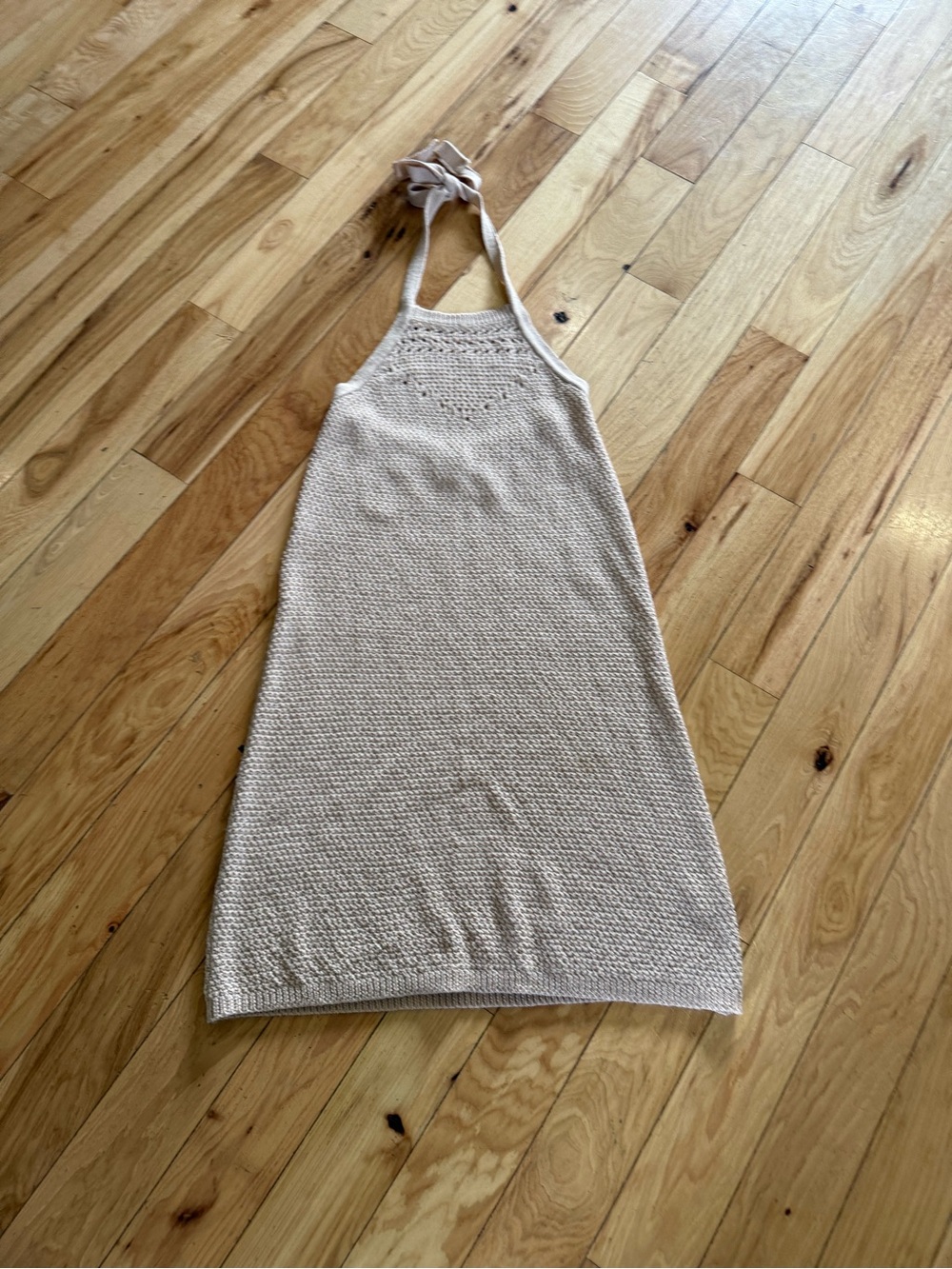 Neutral Cream Knit Crochet Tote Bag with Tie-Top Handles Size Large